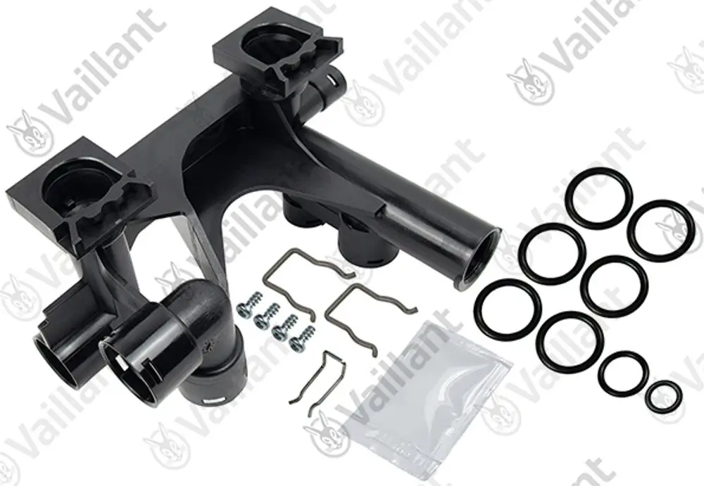 Vaillant Hydroblock aus Kunststoff mit Anschluss für Schläuche und O-Ringen, inklusive Montagezubehör wie Schrauben und Clips.